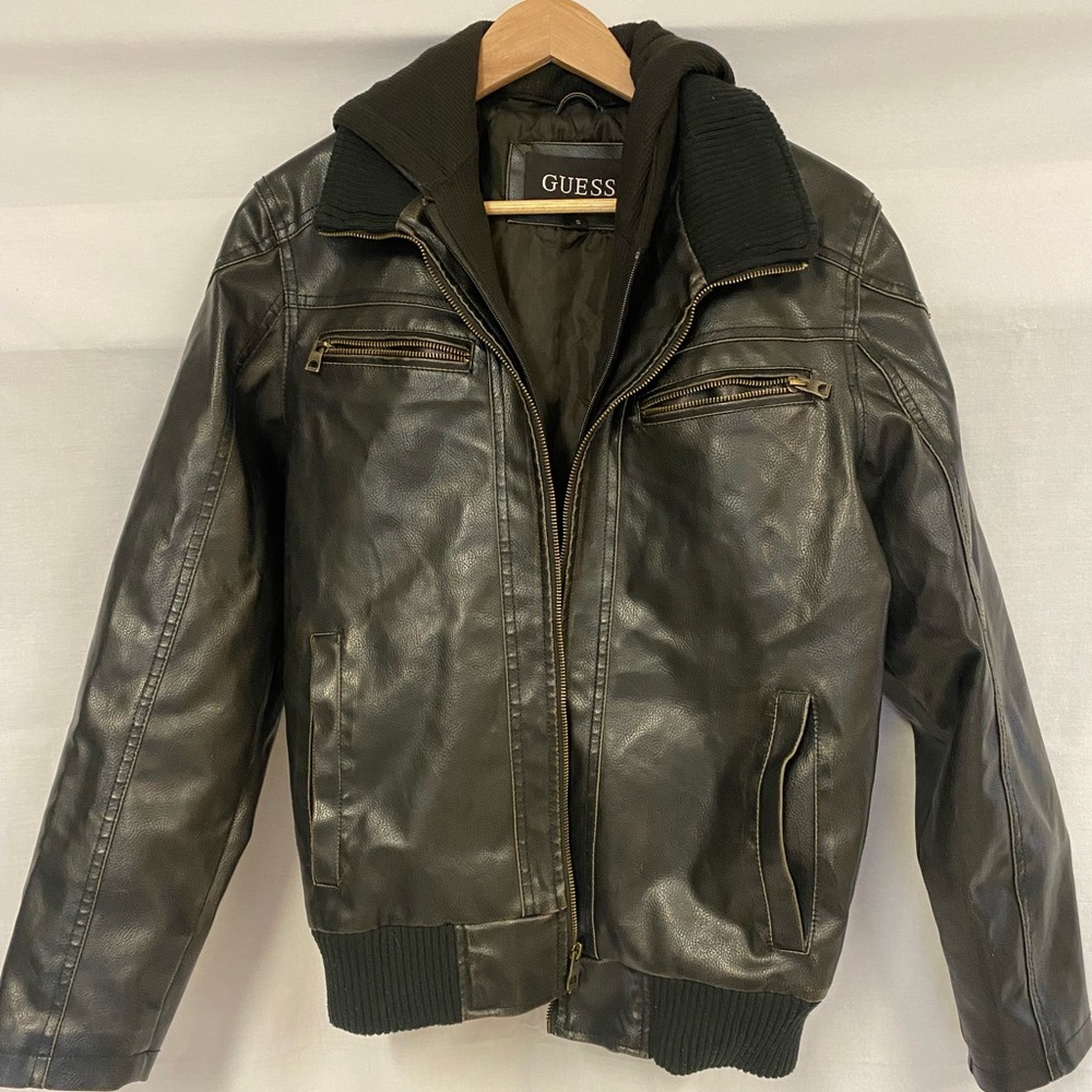 Men's Guess Faux Leather Bomber Jacket Size Small with Removable Hoodie